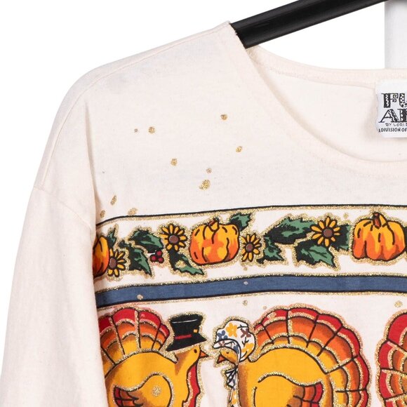 Fun Art VTG Thanksgiving Turkey TShirt M Womens Long Sleeve Pumpkins Pilgrims - Picture 2 of 6